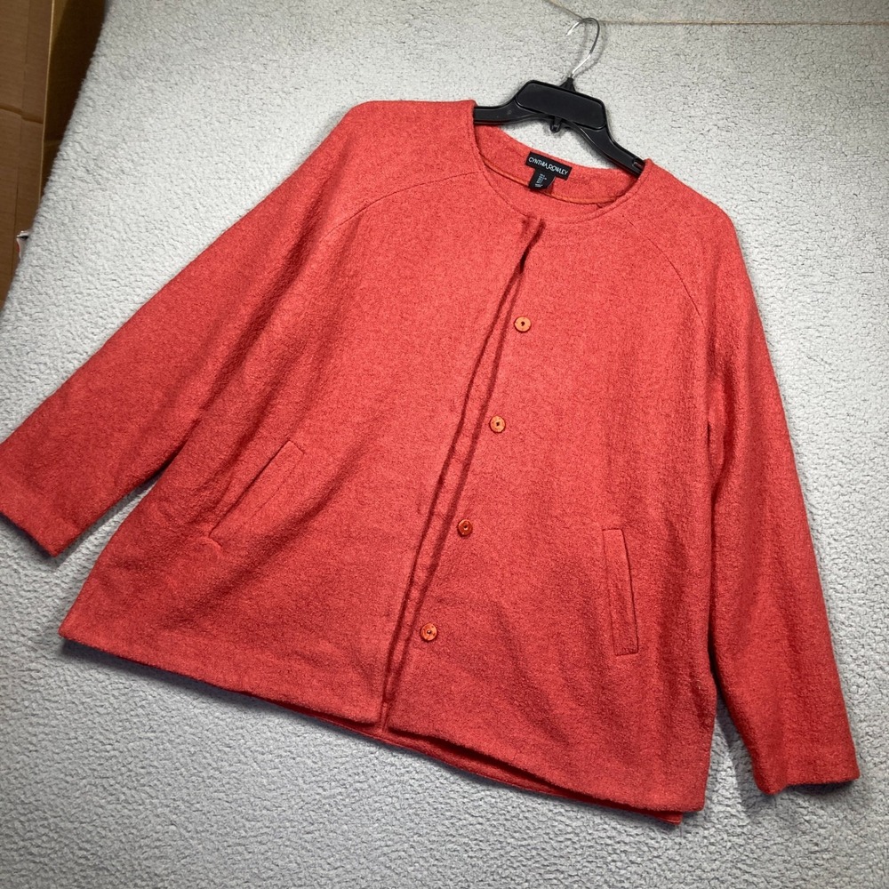 Cynthia Rowley Cardigan Jacket Women L Coral Wool Blend Button Front Boxy 10400